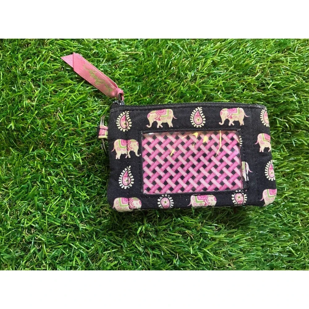 Vera Bradley ID Zip Wallet Card Holder Key Ring Elephant Paisley Black Pink